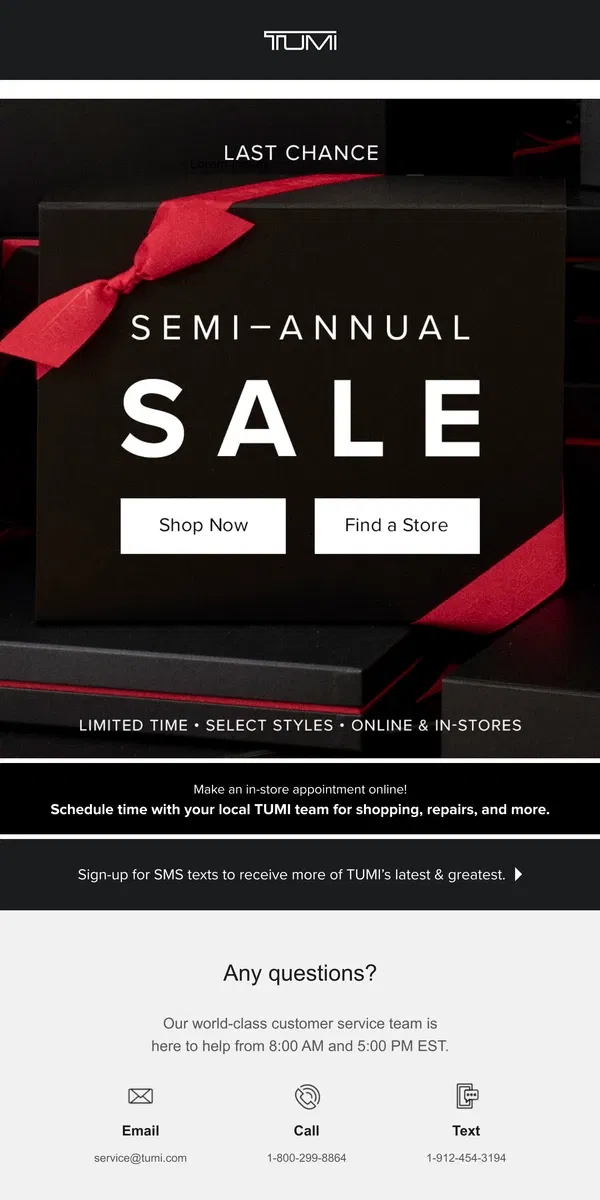 Email from Tumi. Last Chance: Semi-Annual Sale