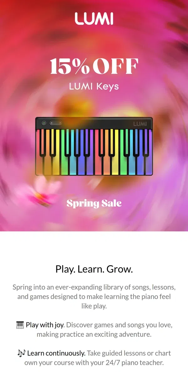 Email from LUMI. SAVE 15% on LUMI Keys and let music blossom 🌸