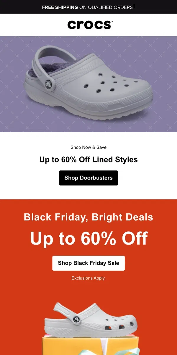 Email from Crocs. Get Cozy for Less: Up to 60% Off Cozy Clogs!