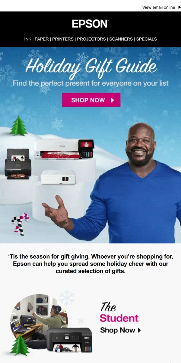 Email from Epson. It's Here: The Epson Holiday Gift Guide