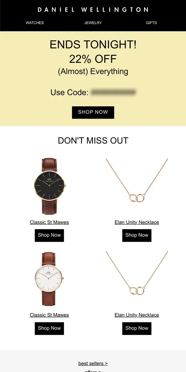 Email from Daniel Wellington. Last Chance for 22% OFF