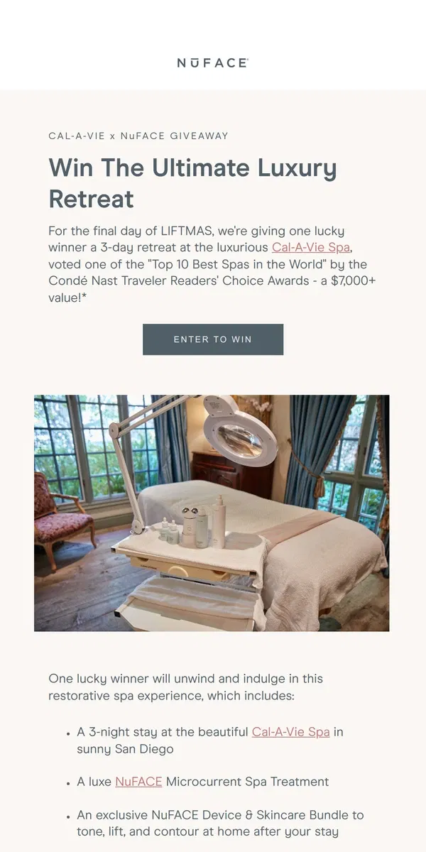 Email from NuFACE. Enter to win a $7,000+ luxury spa retreat!