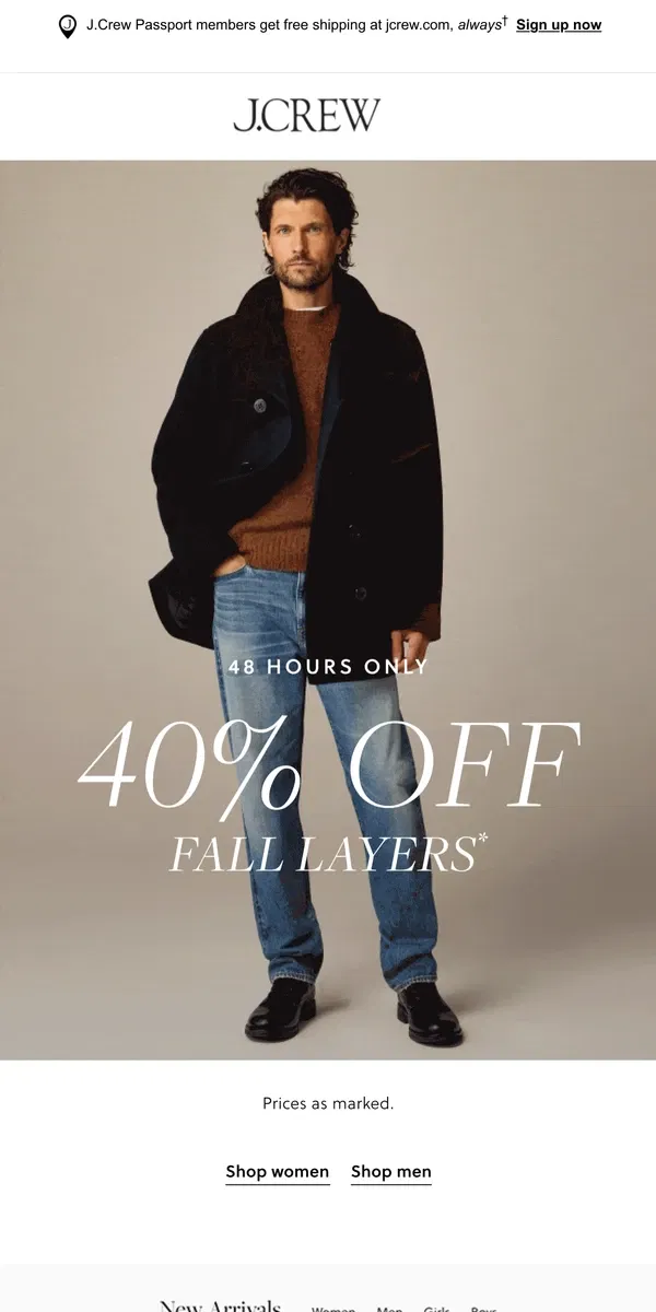 Email from J.Crew. Flash sale! 40% off fall layers, 2 days only.