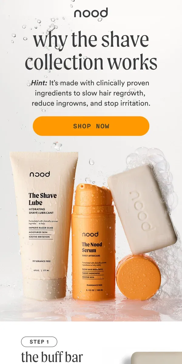 Email from Nood. NEW: Shaving Now Slaps, Inside 🛁