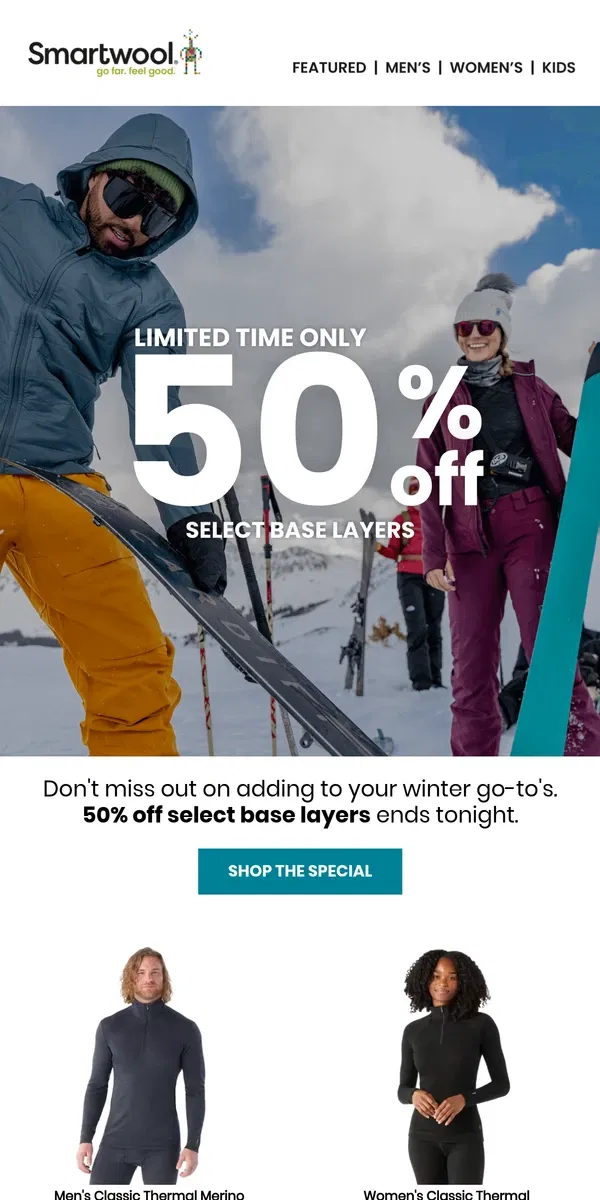 Email from Smartwool. Ending soon: 50% off select base layers