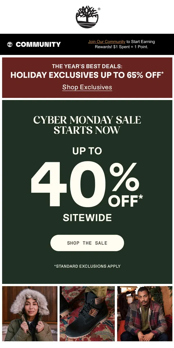 Email from Timberland. Cyber Monday Starts NOW! Up to 40% Off Sitewide.