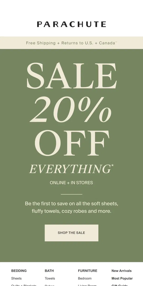 Email from Parachute Home. 👏 20% Off EVERYTHING Starts NOW 👏