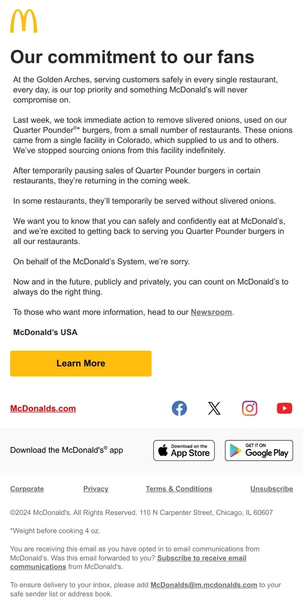 Email from McDonald's. Doing the right thing, always