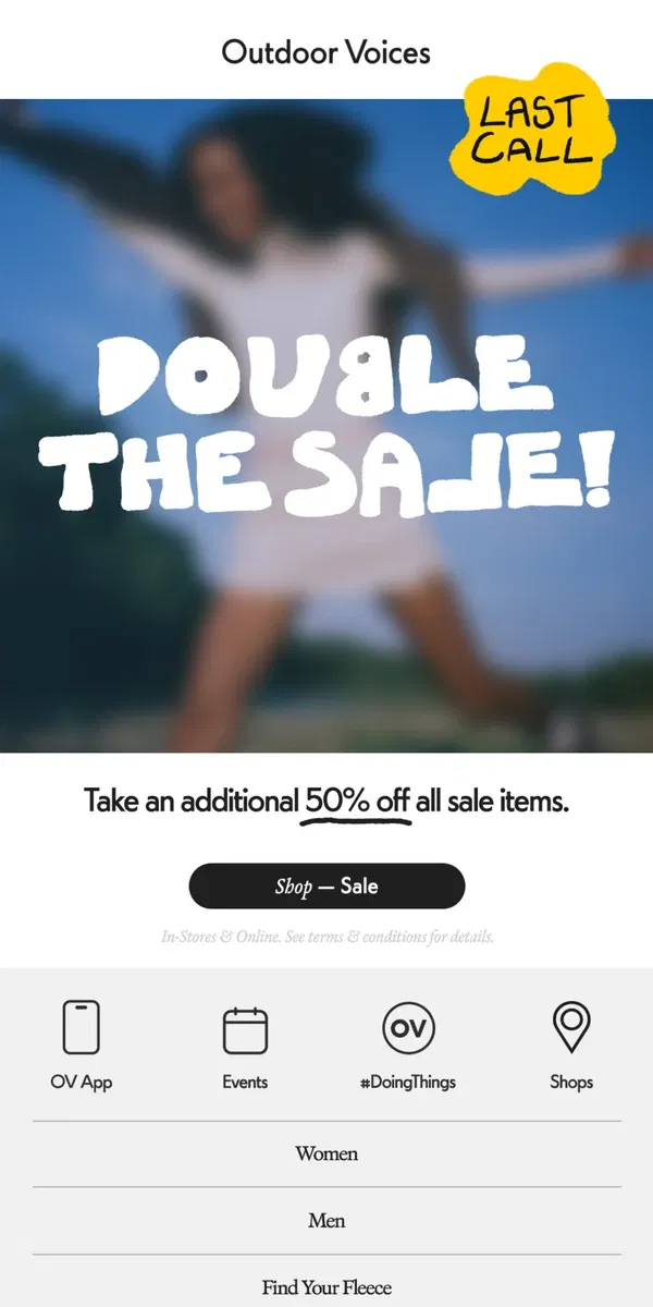 Email from Outdoor Voices. Final Day:  Extra 50% Off