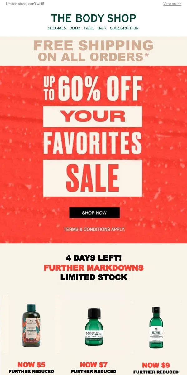 Email from The Body Shop. 4 Days Left - Further Markdowns 60% Off