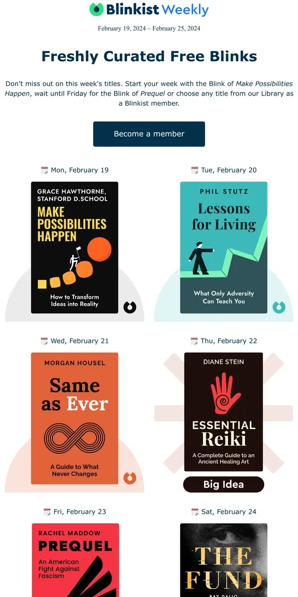 Email from Blinkist. 📚 Upcoming Reads: Your free book summaries for next week!