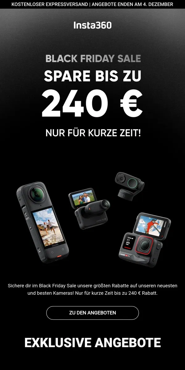 Email from Insta360. 📣 Black Friday Sale: Riesige Rabatte auf die neuesten Kameras