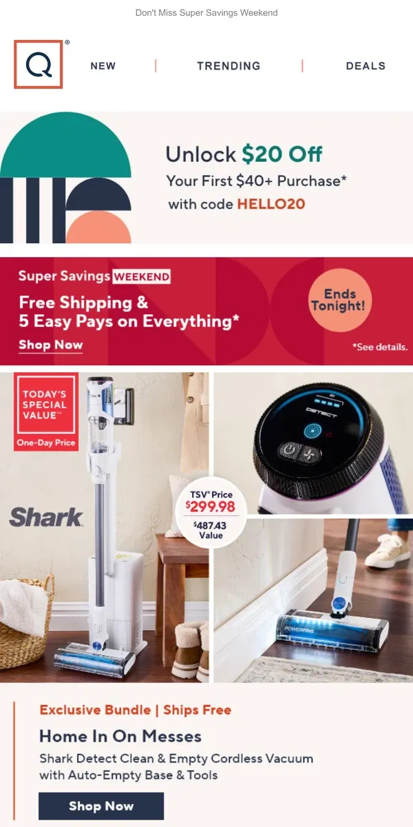 Email from QVC. Thru Tonight: Free Ship & Shark Deal