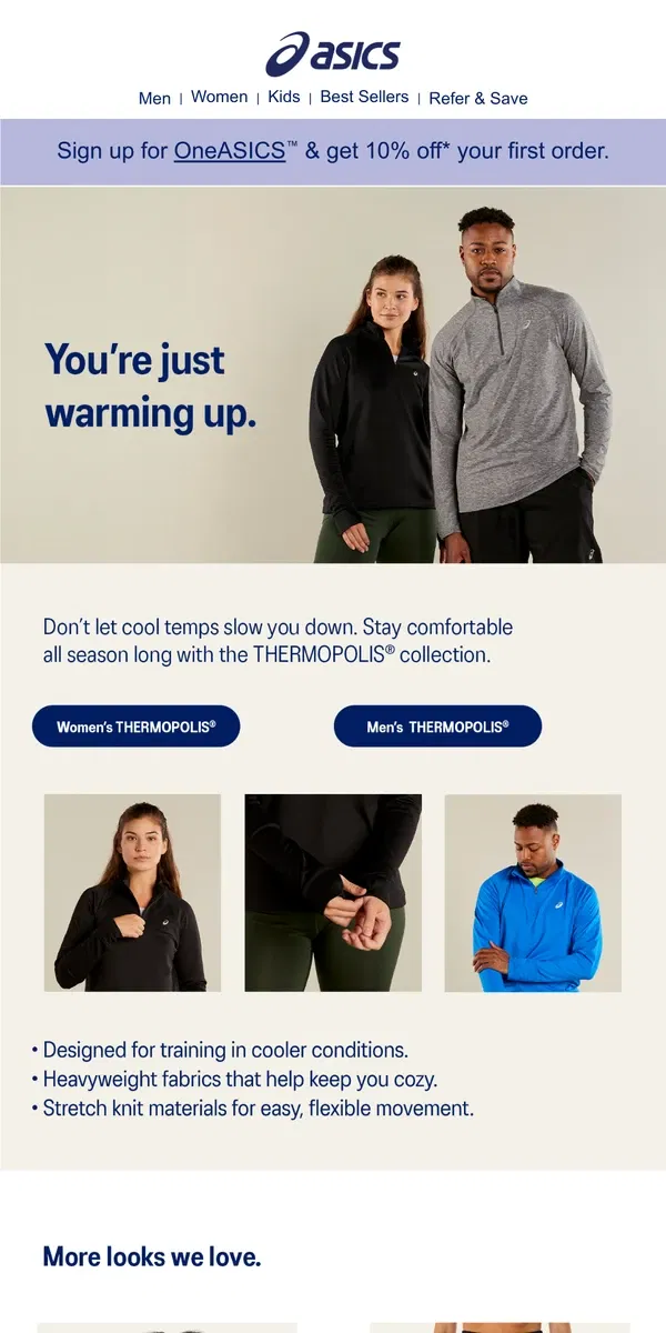 Email from ASICS. Clothing built for the cold. 🌡️