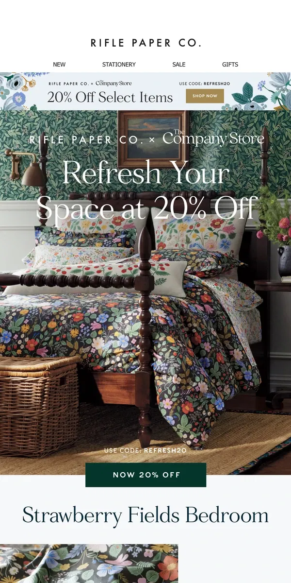 Email from Rifle Paper Co.. 20% off Select Bedding