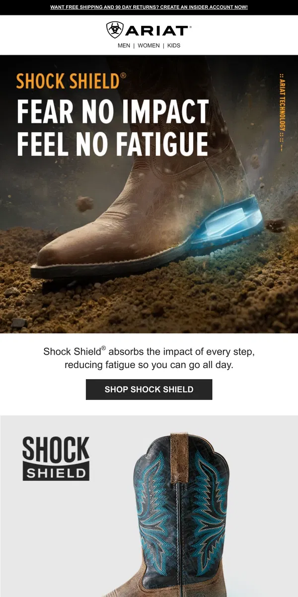 Email from Ariat. ­Stay Energized in Boots with Built-In Shock Absorption­