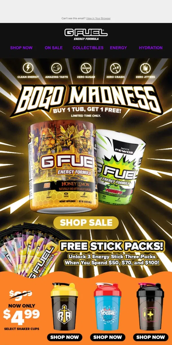 Email from G FUEL. Fuel Your Day with a BOGO Deal 🚀