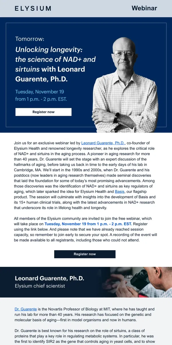 Email from Elysium Health. Tomorrow: Longevity science webinar with Leonard Guarente, Ph.D.