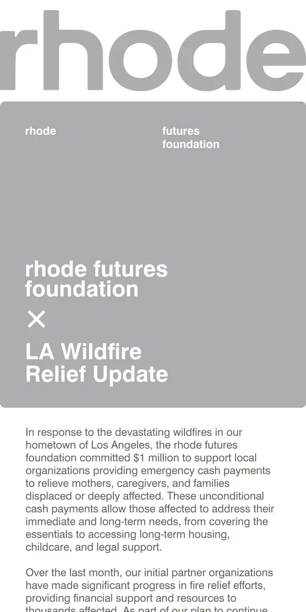 Email from rhode skin. rhode futures foundation x LA Wildfire $1 Million Relief