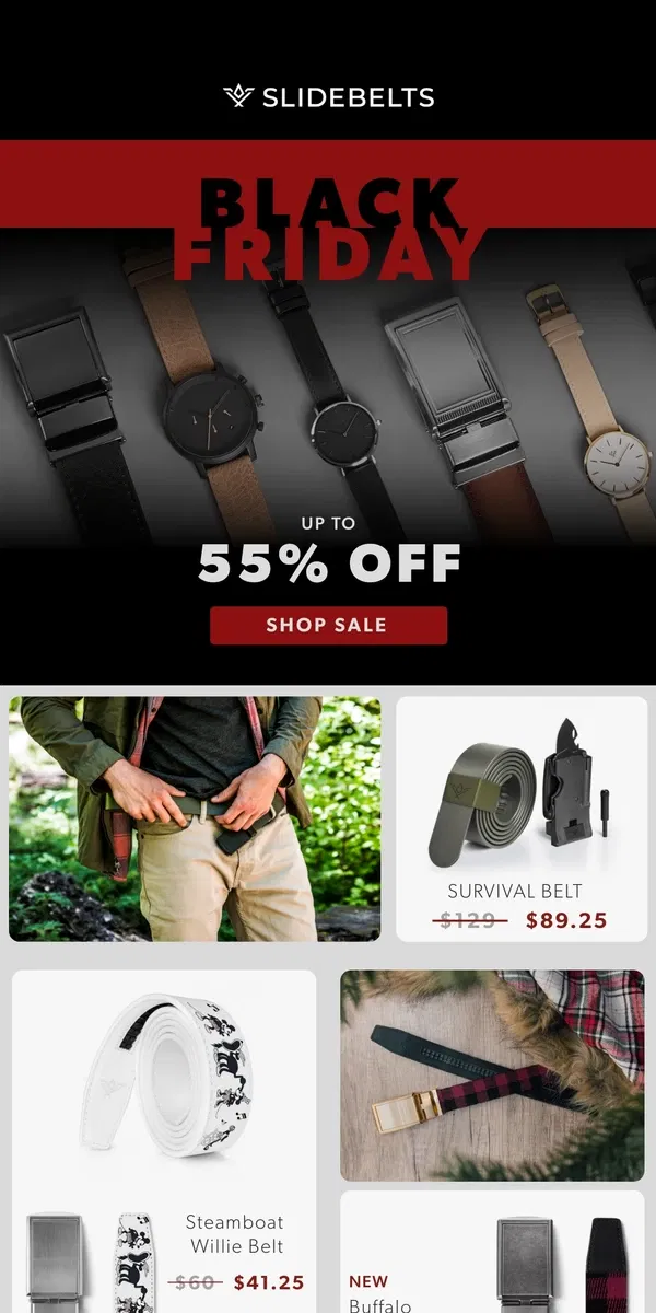 Email from SlideBelts. BLACK FRIDAY IS HERE 😎 Up to 55% off sitewide🚨