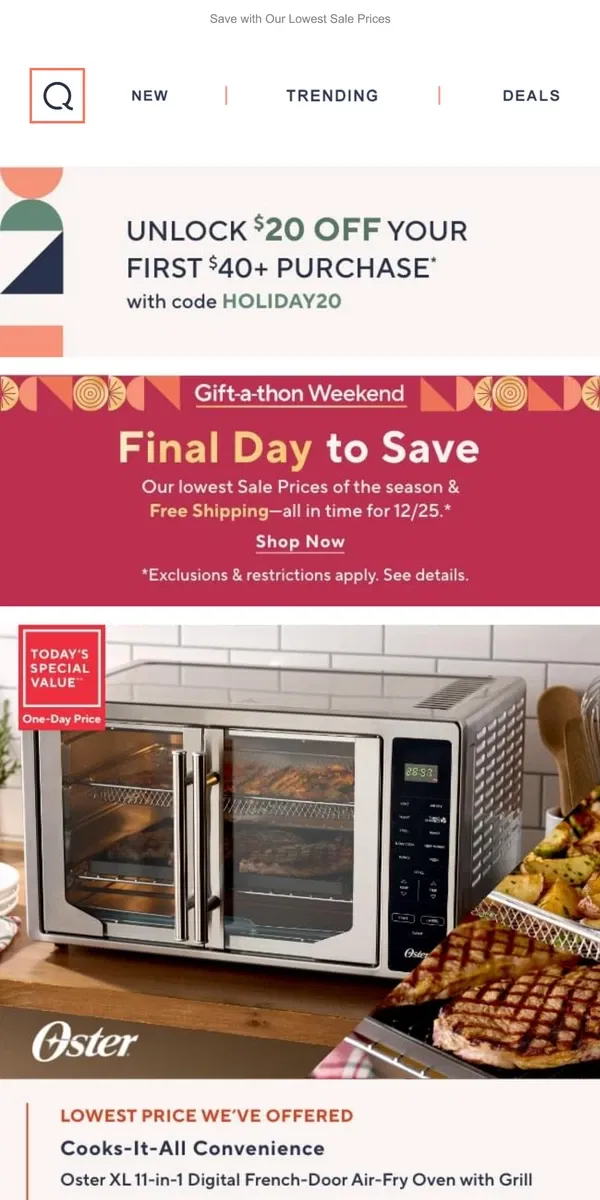 Email from QVC. Final Day! Free Ship + Air Fryer TSV