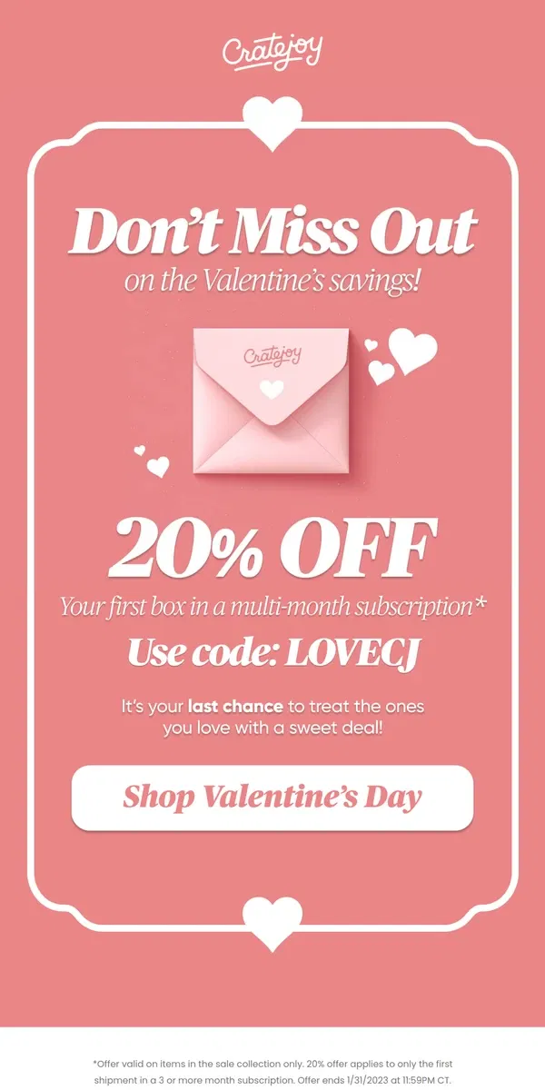 Email from Cratejoy. Valentine’s Savings End Tonight... 💔