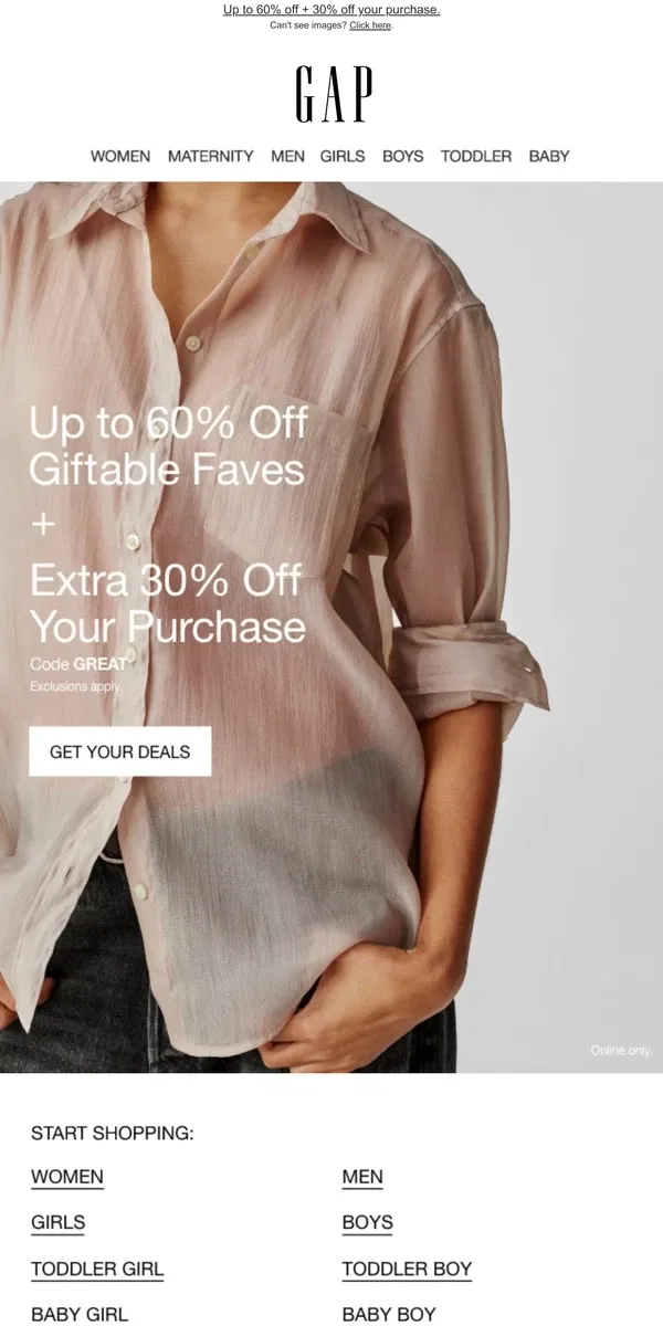 Email from GAP. Party deals inside: enjoy up to 60% OFF + extra 30%