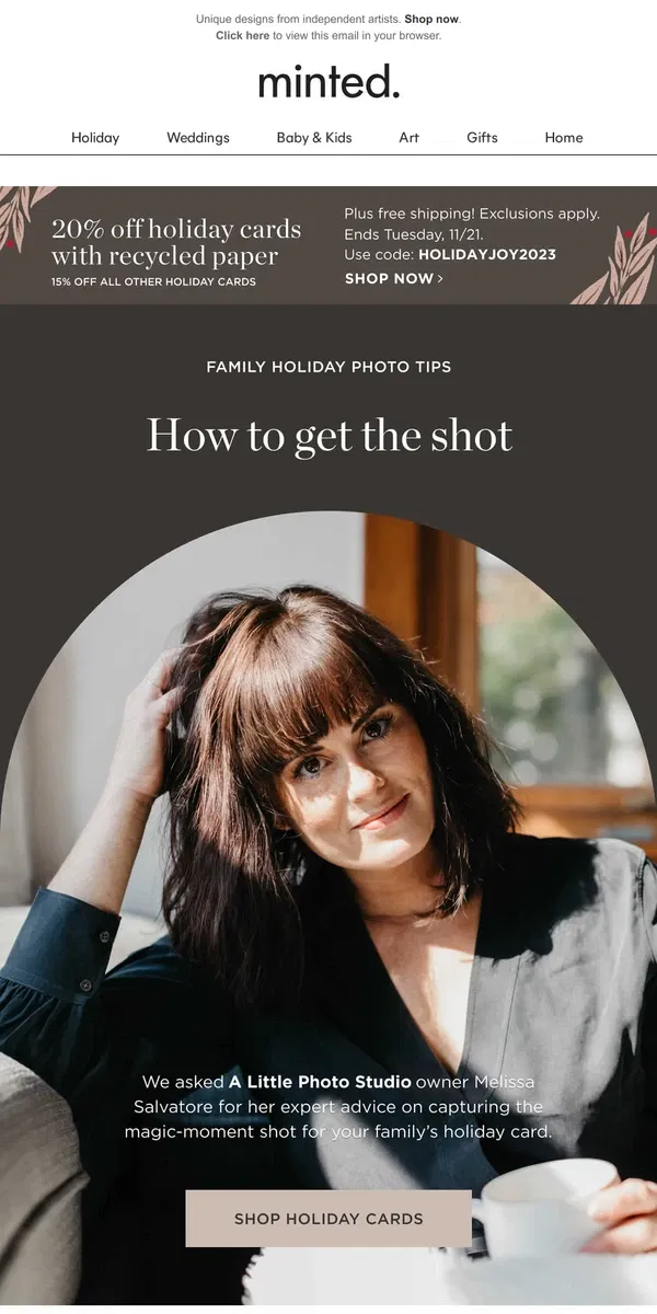 Email from Minted. 3 family holiday photo tips