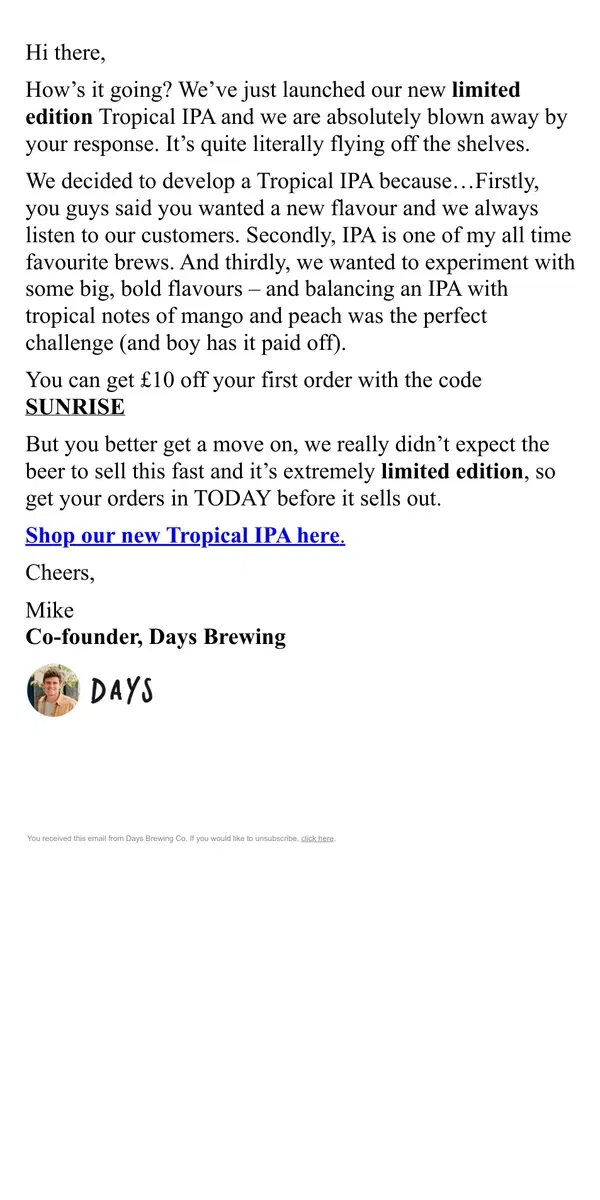 Email from Days Brewing Co. The very last Tropical IPA cans…