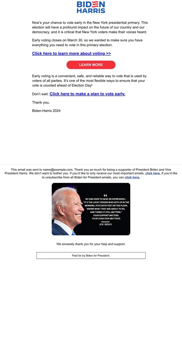 Email from Kamala Harris. [DEADLINE] Remember to vote early by March 30!