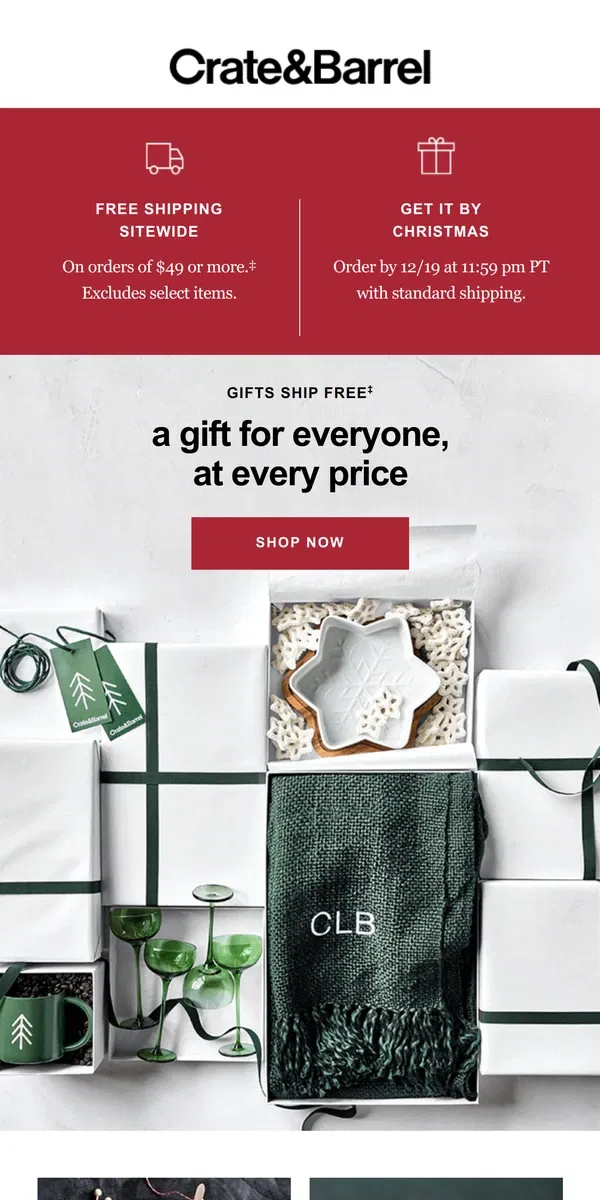 Email from Crate & Barrel. Holiday joy at just the right price. See our curated gifts →