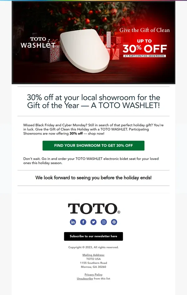 Email from TOTO Toilets. Special Holiday Offer at Your Local Showroom - 30% Off TOTO