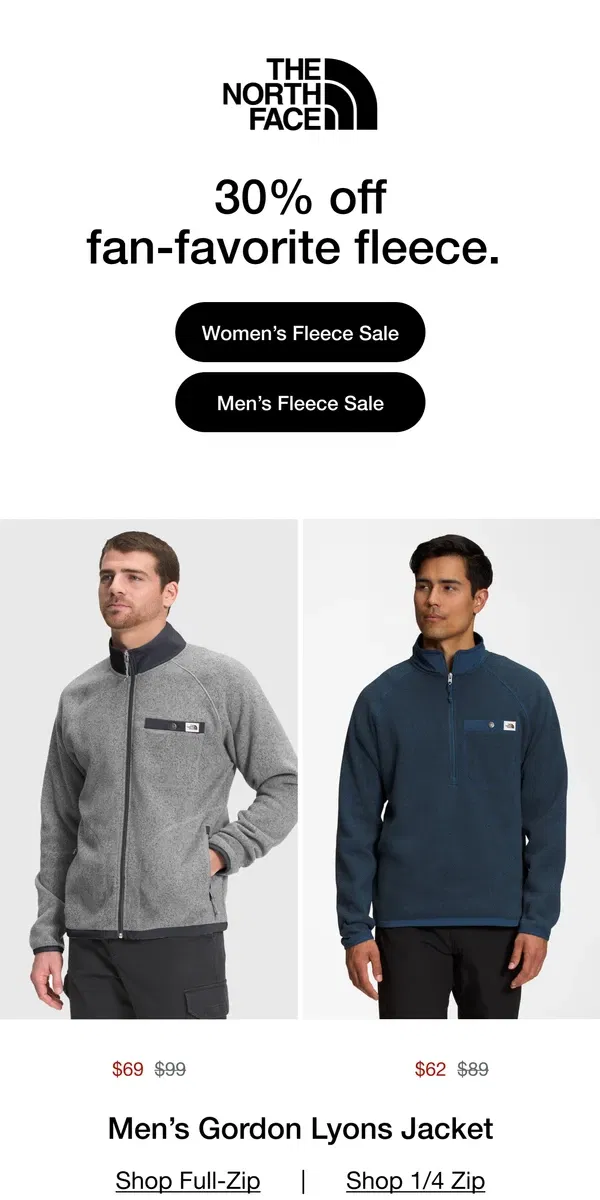 Email from The North Face. Final Hours: 30% off fleece is going fast.