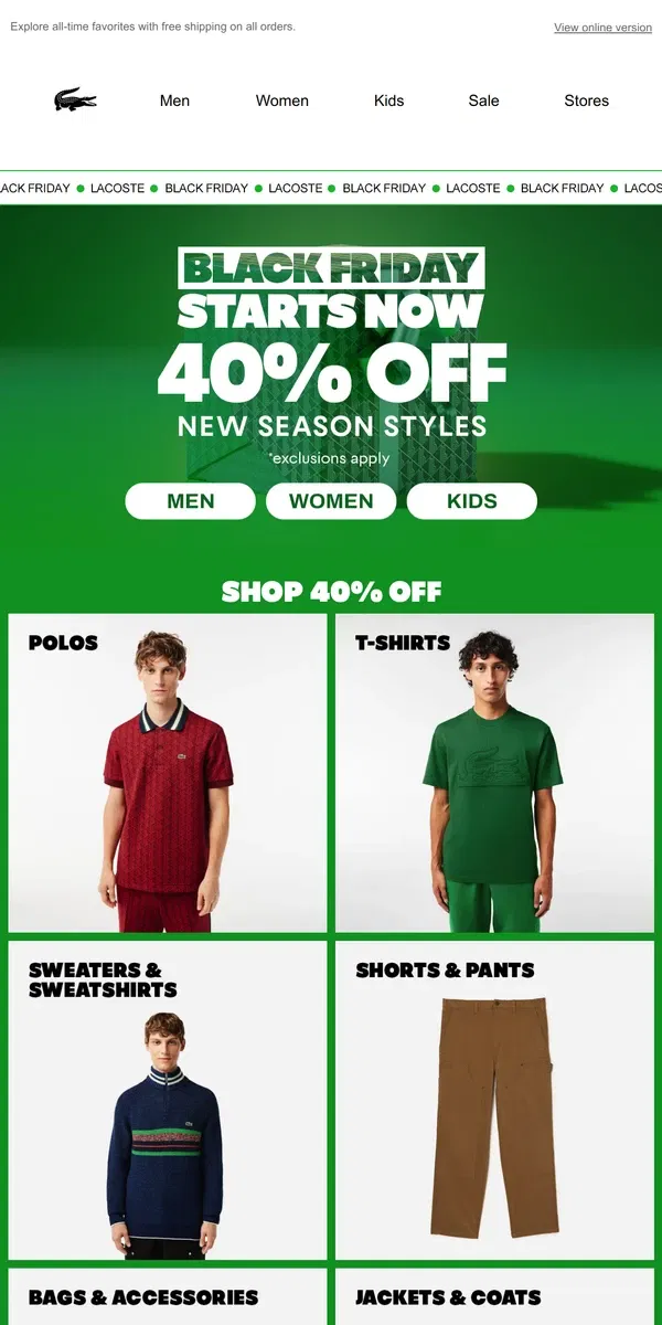 Email from Lacoste. Rare Markdowns: 40% off Bestsellers