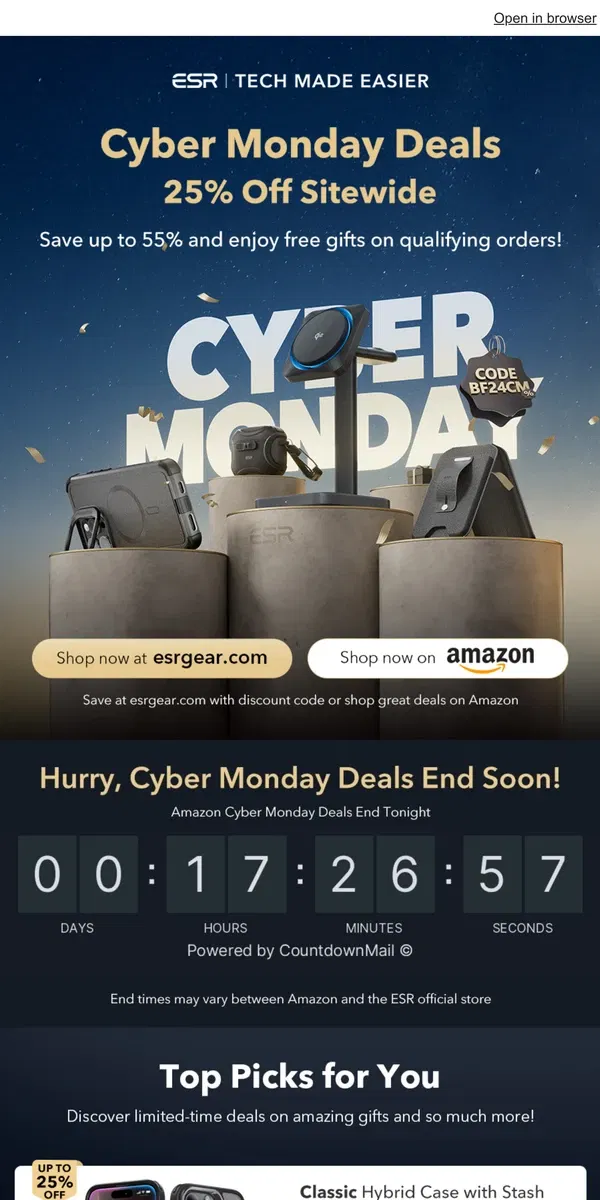 Email from ESR. Cyber Monday Is Here—Shop the Deals Now! 🎉