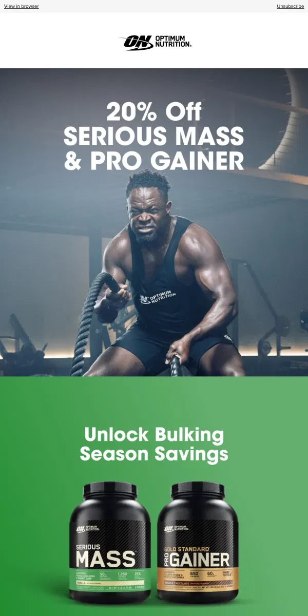 Email from Optimum Nutrition. Unlock Bulking Season Savings 🔐📈