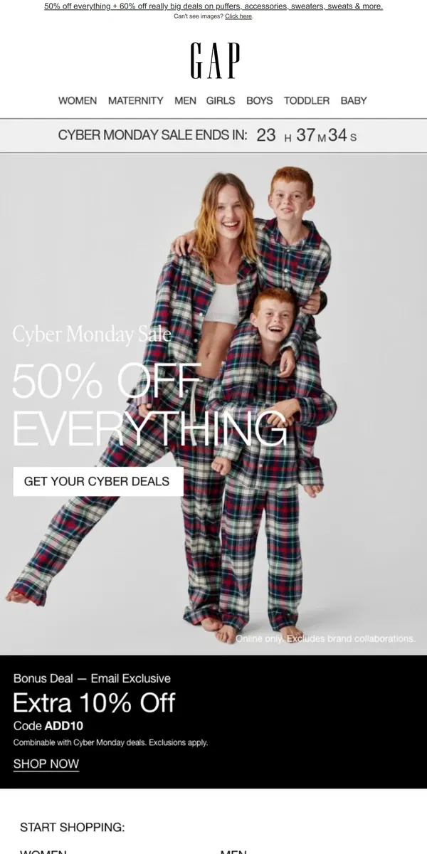 Email from GAP. 🔒 60% OFF 🔒 YOU'VE GOT CYBER DEALS FOR 1 LAST DAY