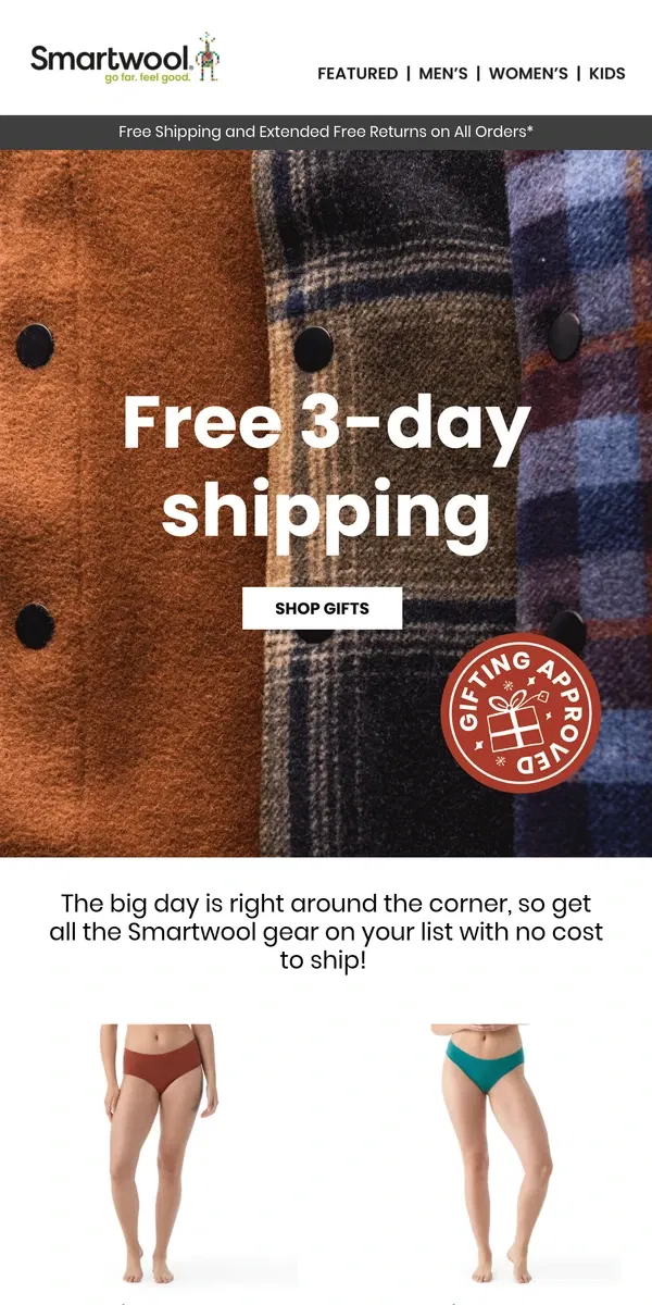 Email from Smartwool. FREE 3-day Shipping