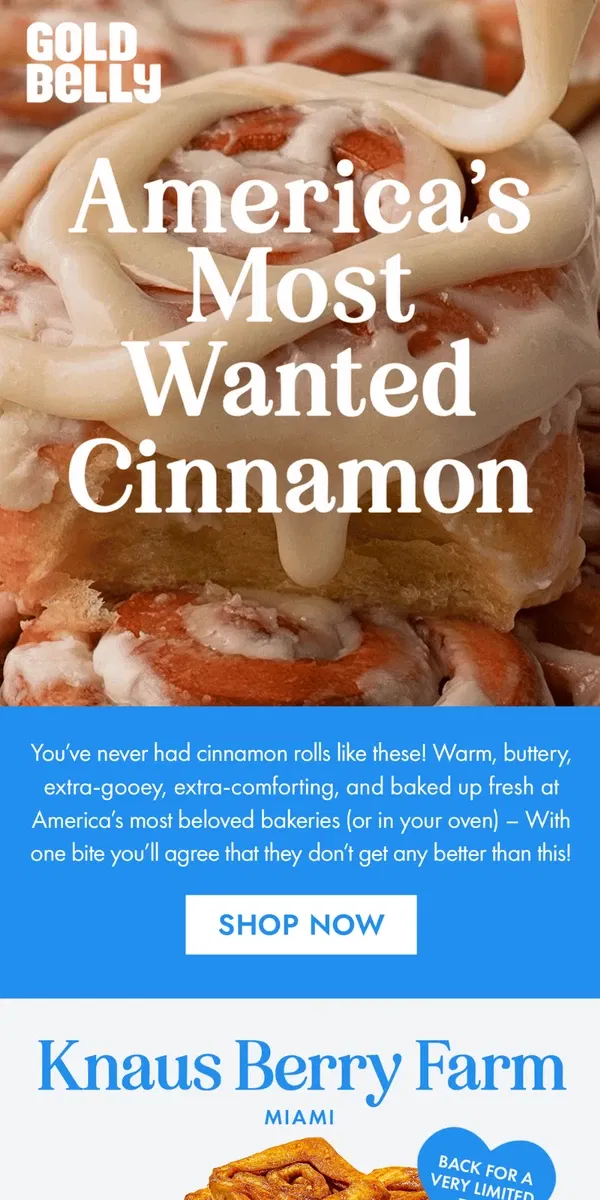 Email from Goldbelly. Knaus Berry Farm Cinnamon Rolls are BACK!🔥