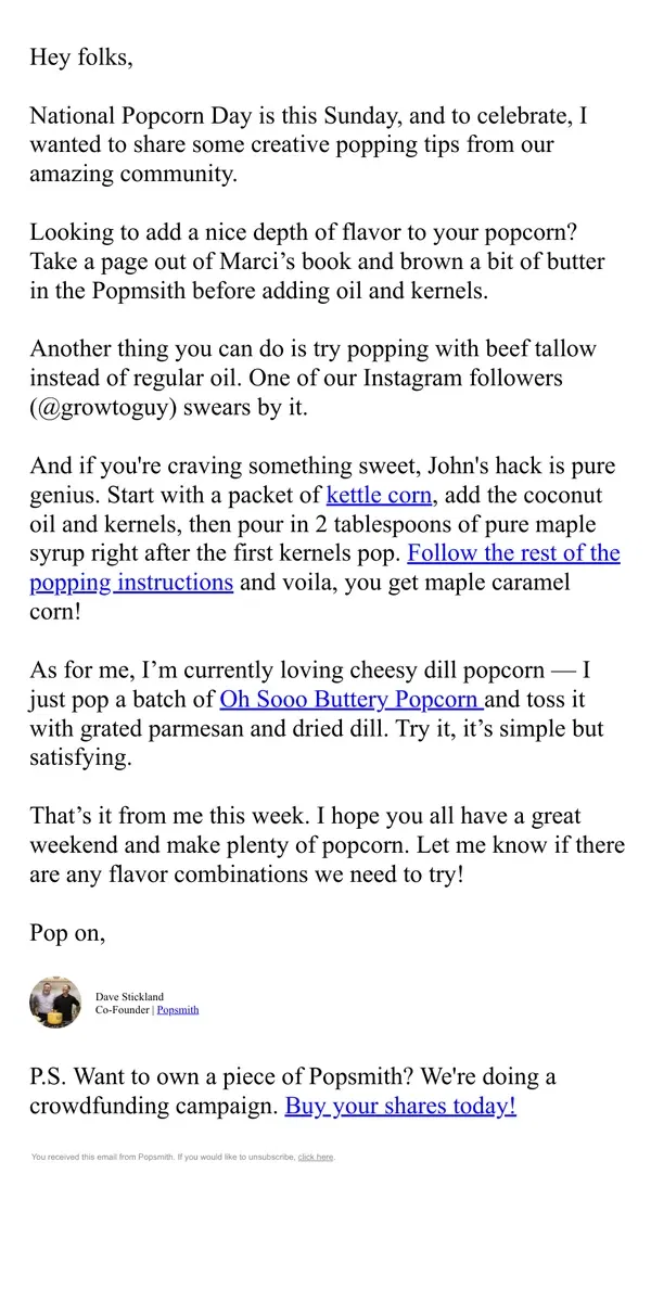 Email from Popsmith. These popcorn tips are too good not to share! 💡