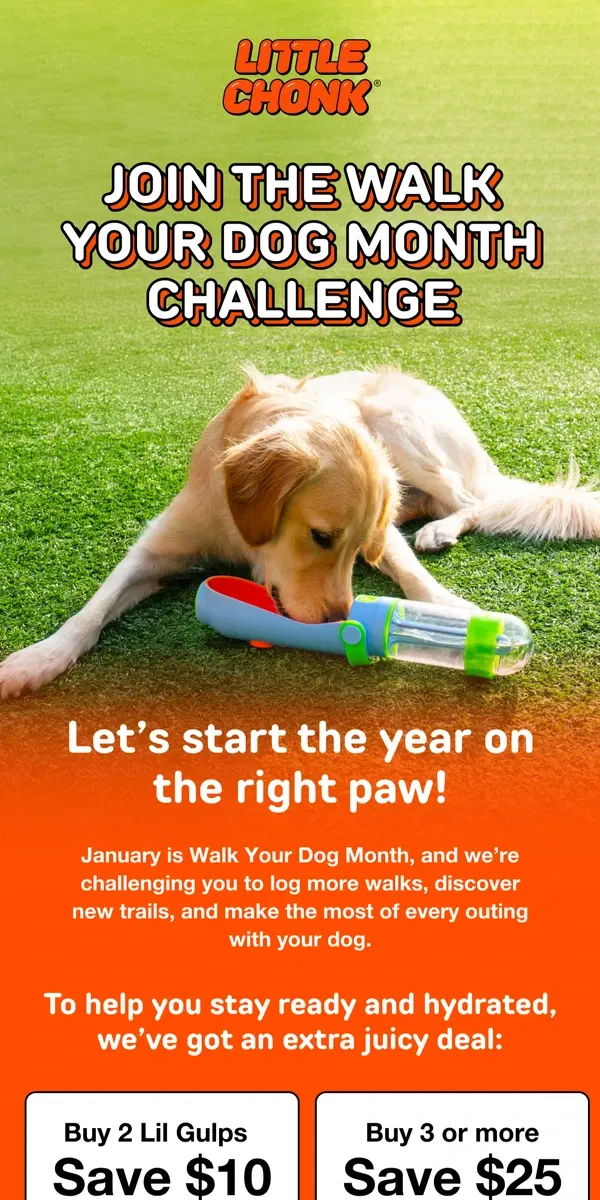 Email from Little Chonk. Join the Walk Your Dog Month Challenge!