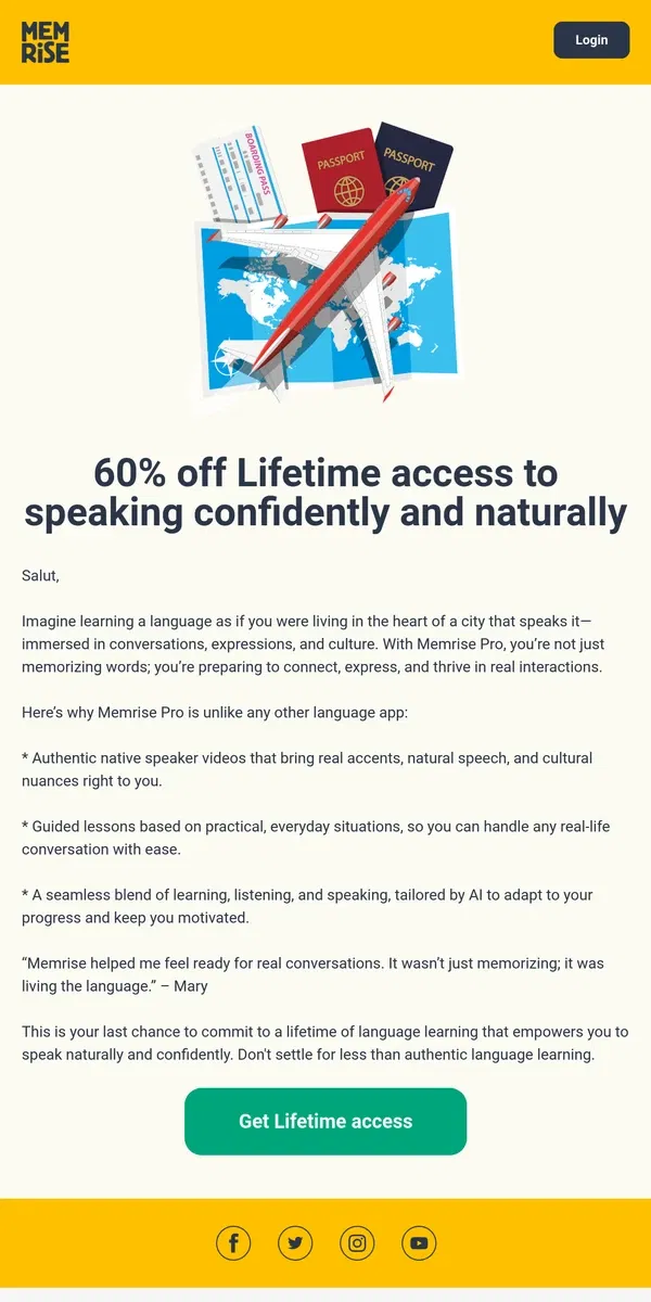 Email from Memrise. 60% off Lifetime access—speak with confidence like a local