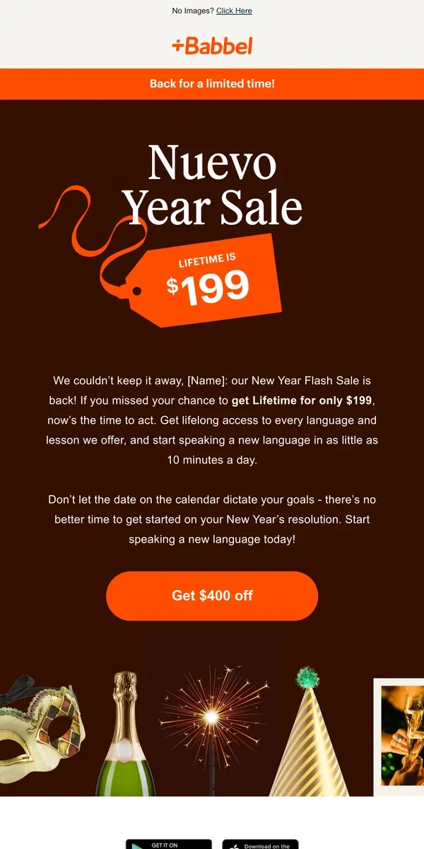 Email from Babbel. 🔔 This just in… Lifetime for $199 is BACK