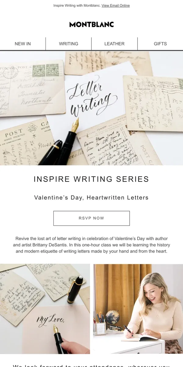 Email from Montblanc. Join our next Inspire Writing class, Heartwritten Letters for Valentine's Day