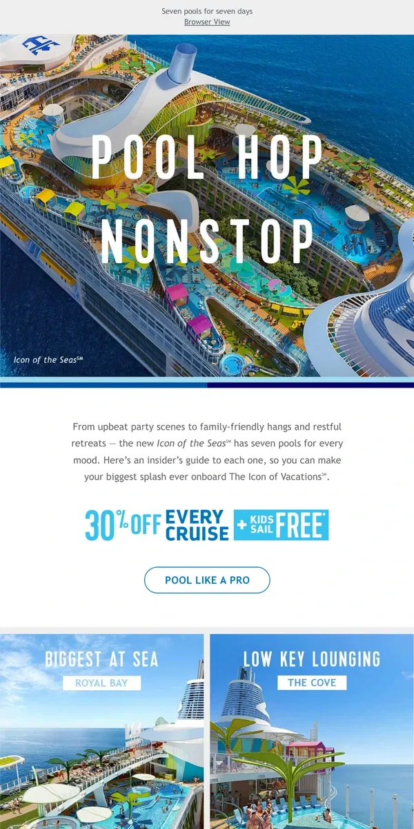 Email from Royal Caribbean. Pack those swimsuits – Icon of the Seas is loaded with poolside action