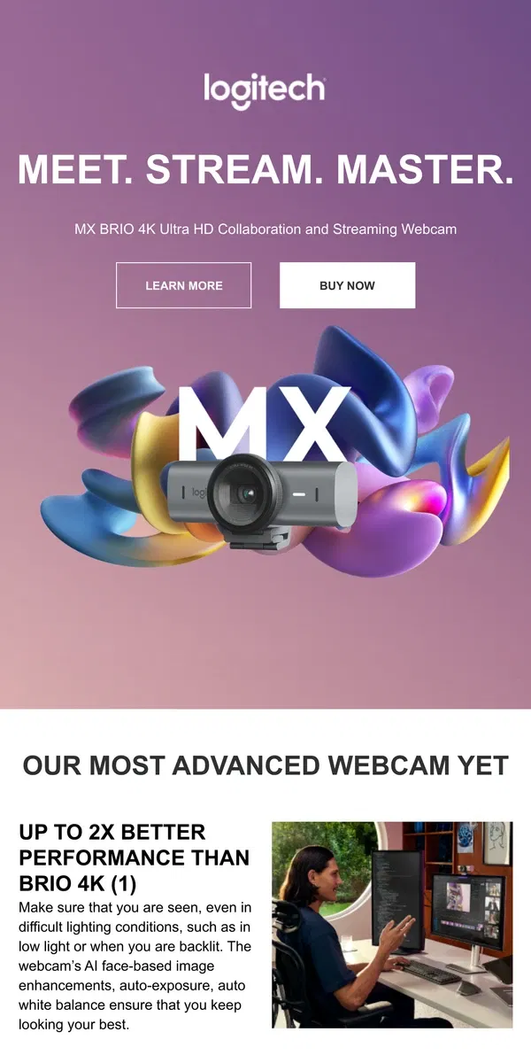 Email from Logitech. Introducing the all-new MX Brio webcam