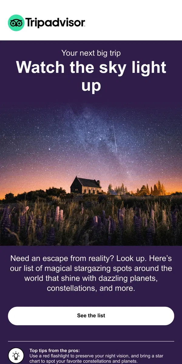 Email from Tripadvisor. 13 stargazing spots for your bucket list