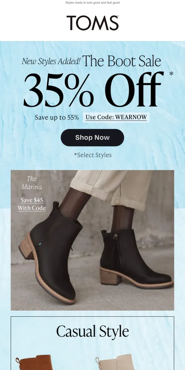 Email from TOMS. NEW styles added | + EXTRA 35% OFF