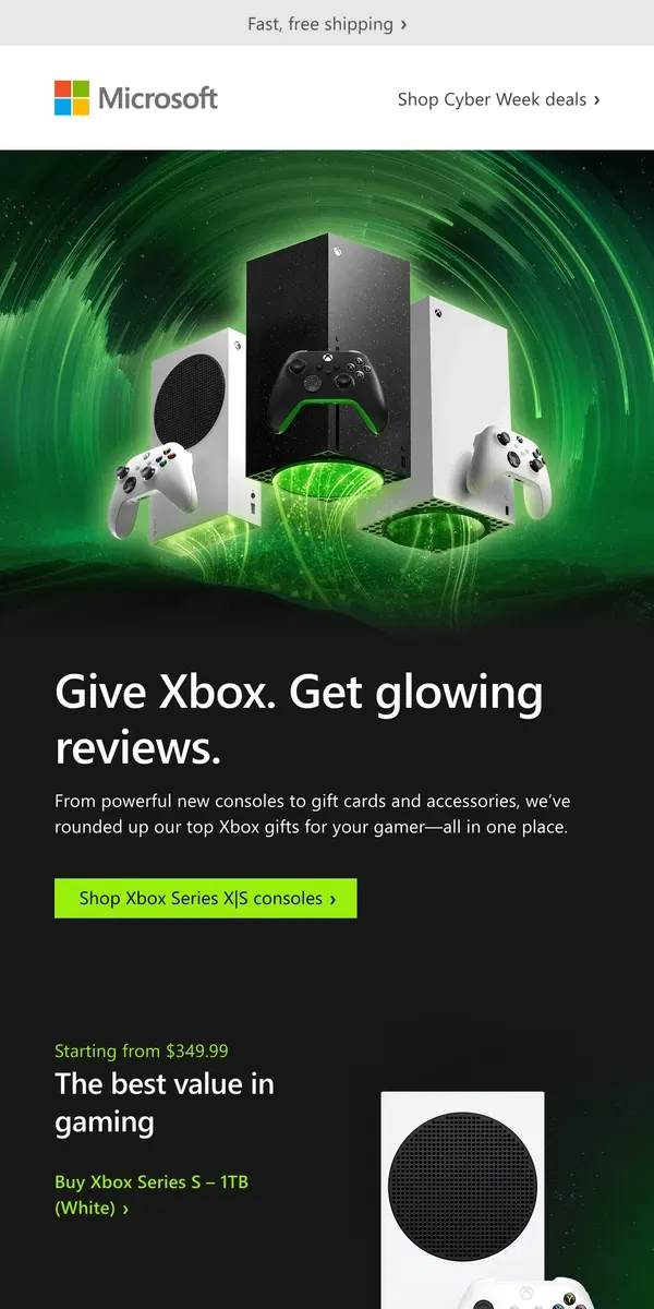 Email from Microsoft Store. Xbox gifts for your gamer