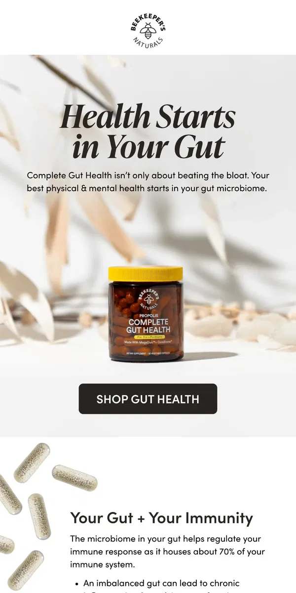 Email from Beekeeper's Naturals. Your Gut Health = Your Mood & Immunity